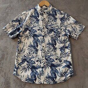 Old Navy Slim Fit Built-In Flex Tropical Button Down Shirt Mens Medium Blue Whit